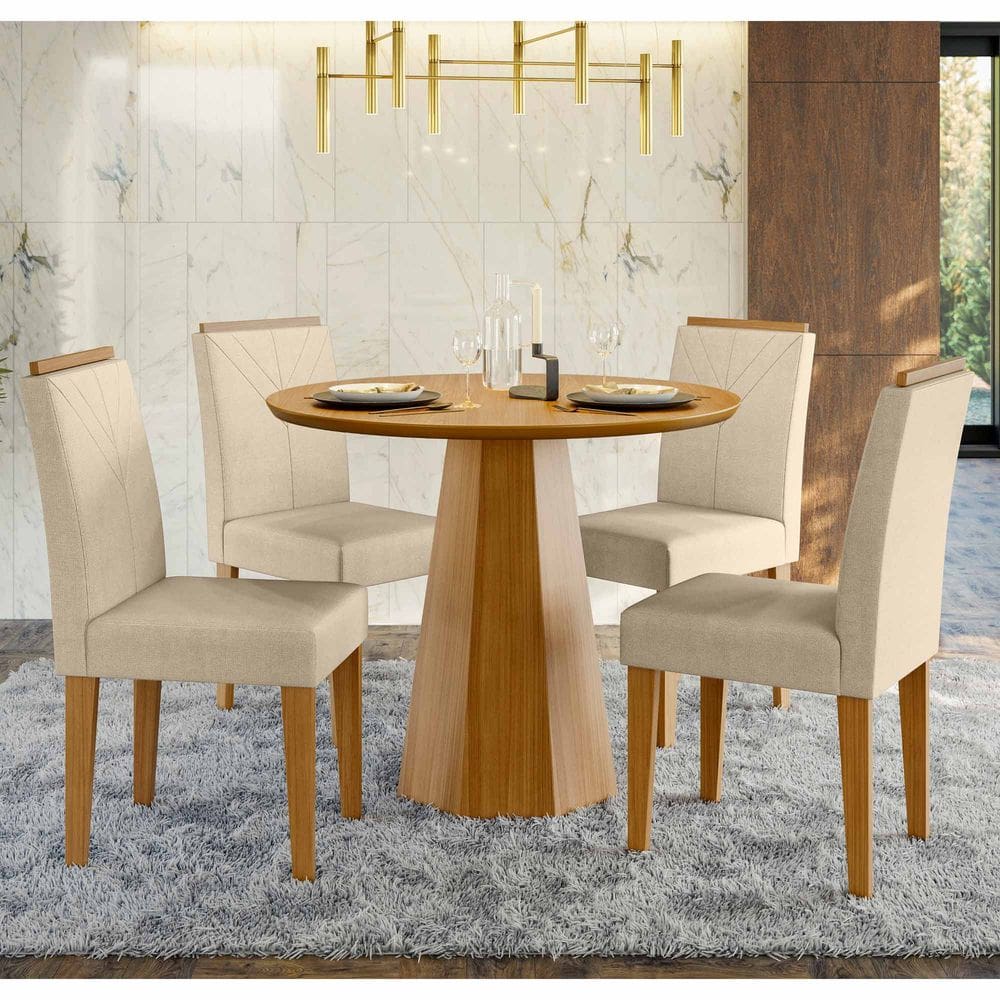 Conjunto Sala de Jantar Mesa Isis 1,00m Tampo em Mdf com 4 Cadeiras Amanda Ypê/Ln04 - New Ceval