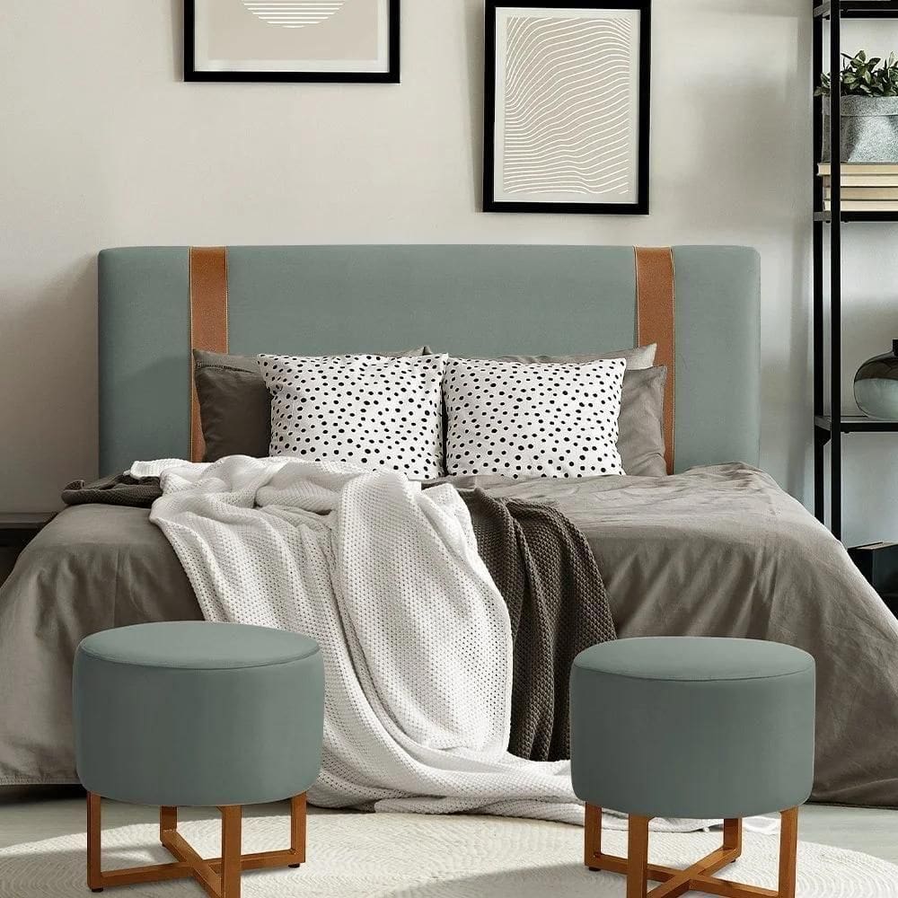 Cabeceira Casal Estofada Zeus 140cm Com Cintos De Couro Veludo Cinza Chumbo