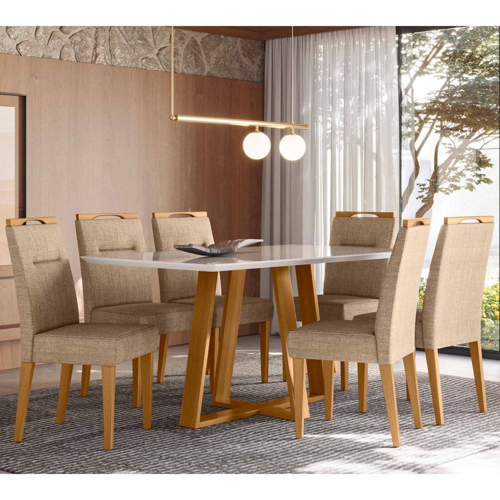 Conjunto Sala de Jantar Mesa 1,60m com 6 Cadeiras Lectus Ypê/Off White/Ln05 - New Ceval
