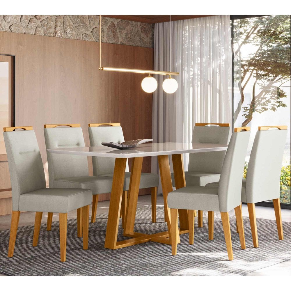 Conjunto Sala de Jantar Mesa 1,60m com 6 Cadeiras Lectus Ypê/Off White/Ln04 - New Ceval