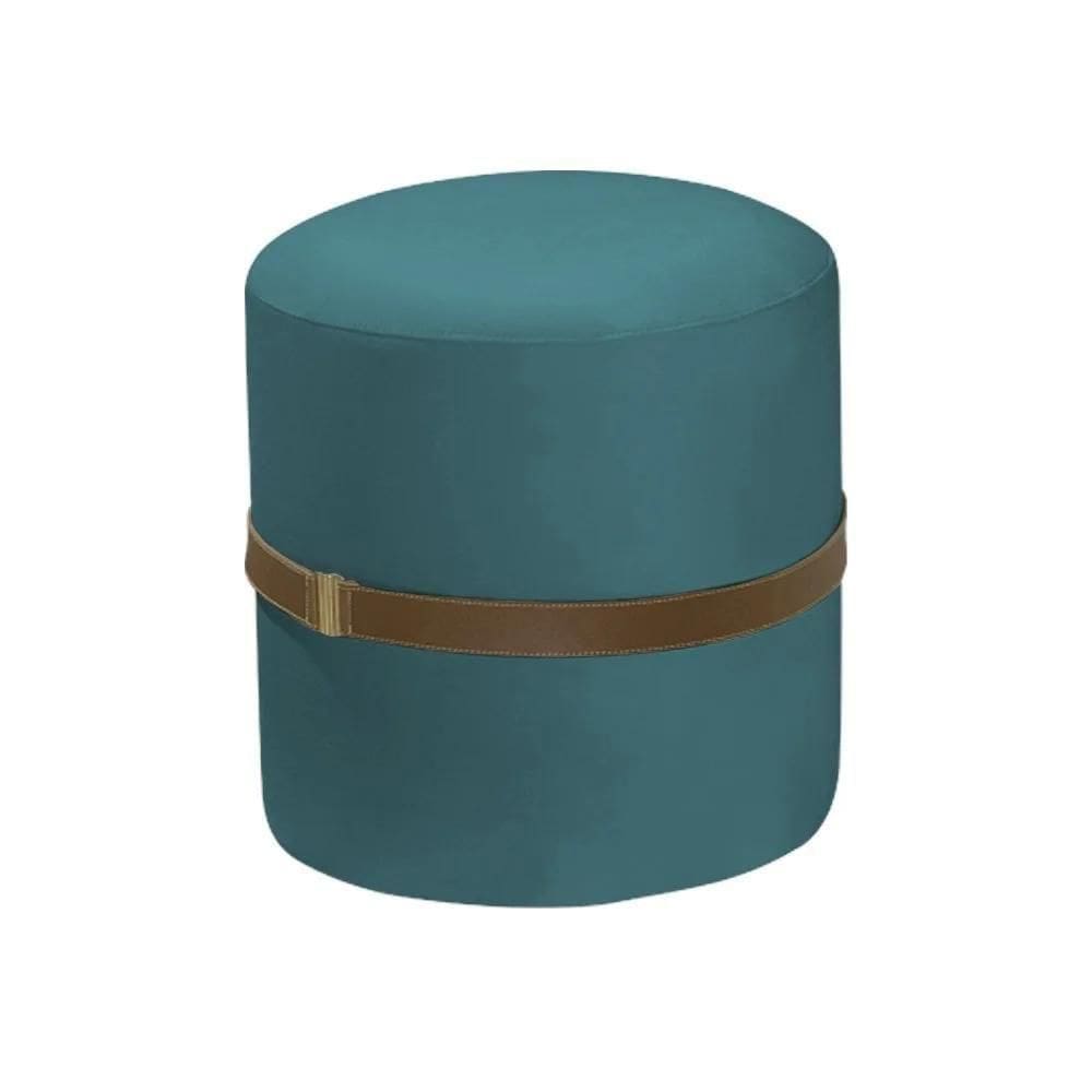 Puff Decorativo Redondo Old Com Cinto Estofado Veludo Azul