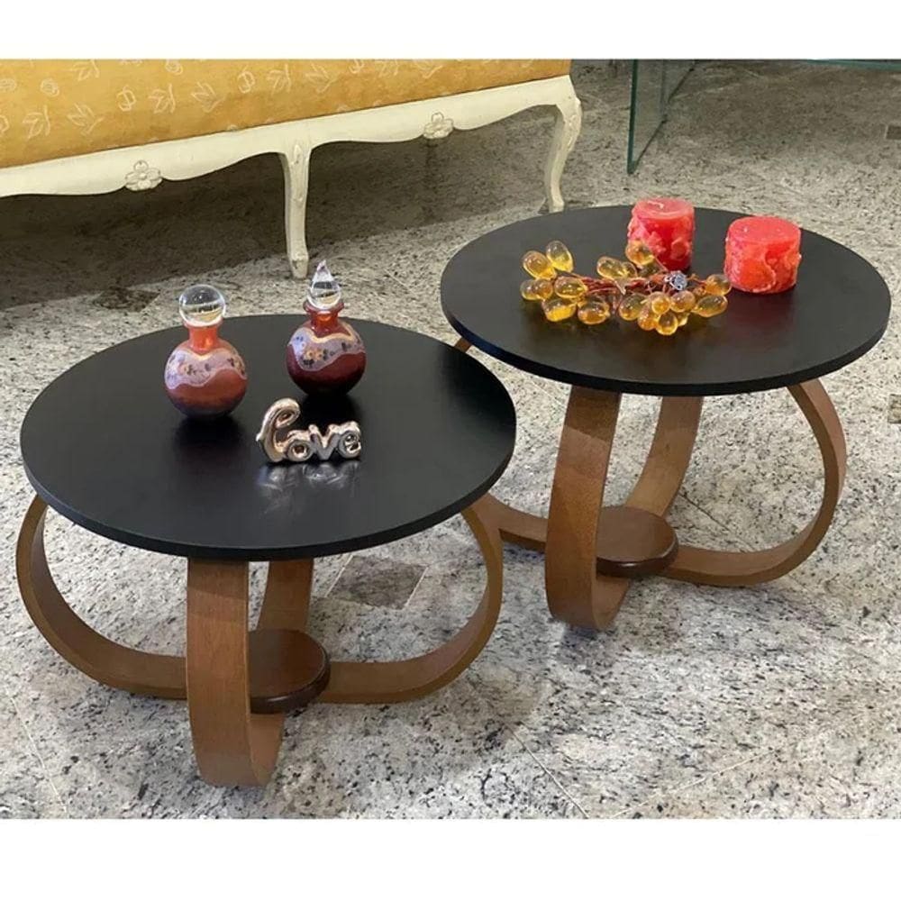 Conjunto Mesa De Centro E Lateral Pés Cebola Preto Preto