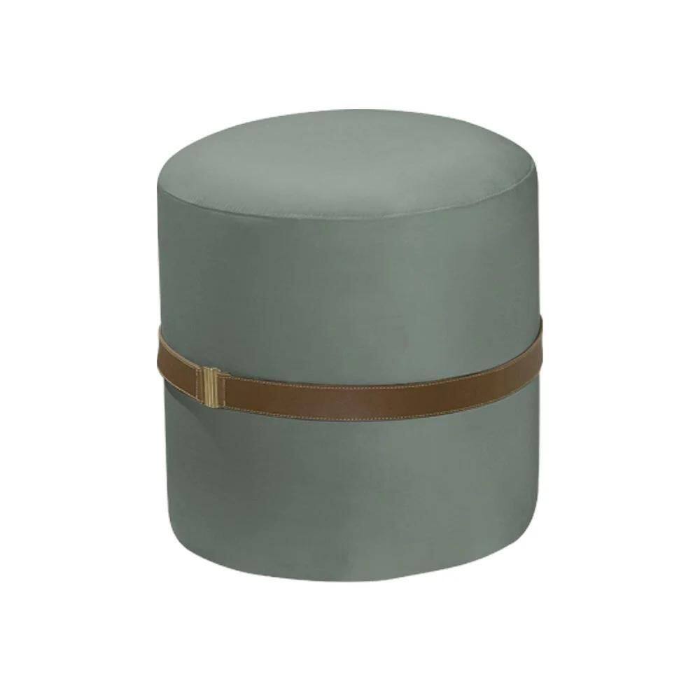 Puff Decorativo Redondo Old Com Cinto Estofado Veludo Cinza