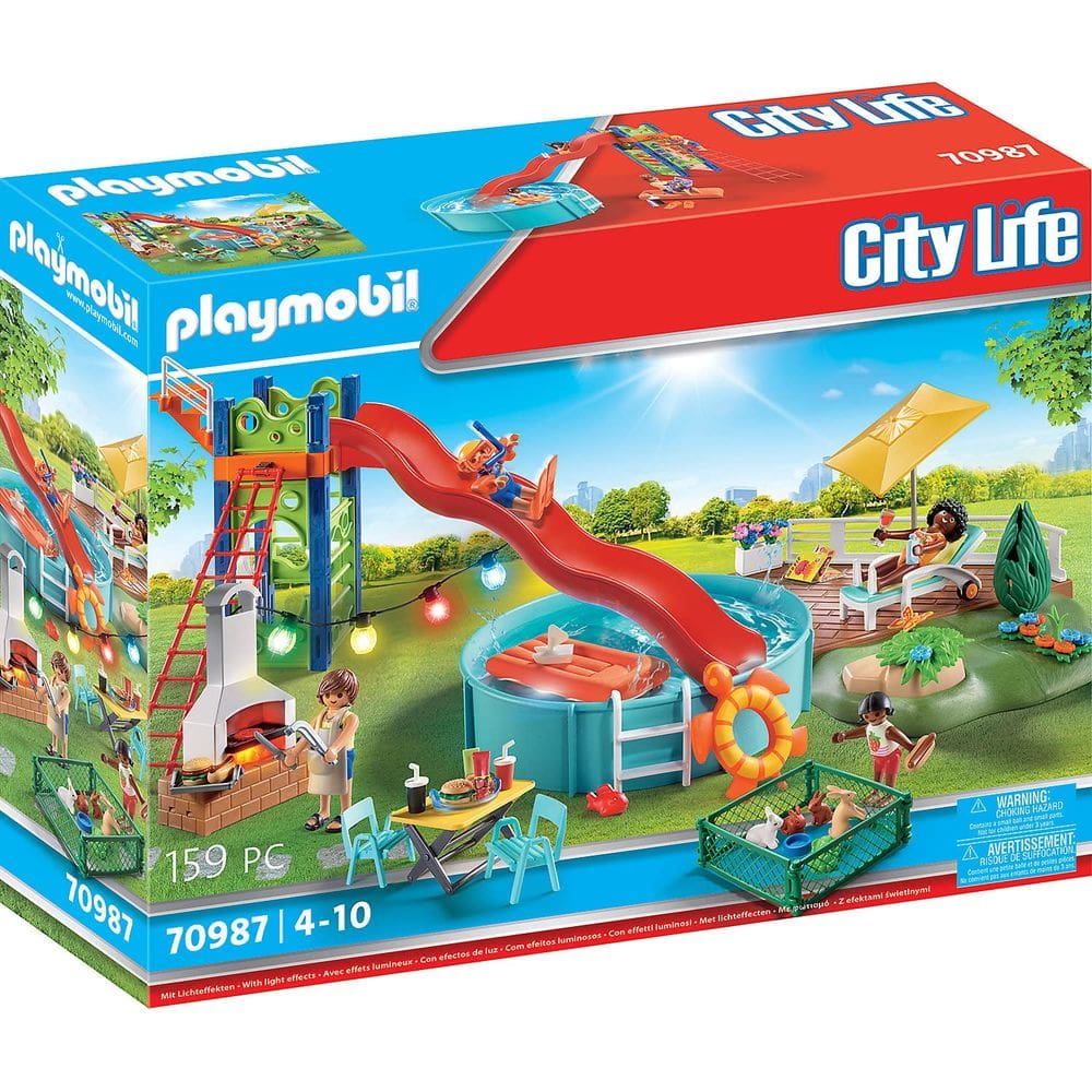 Conjunto Playmobil Pool Party com piscina, escorregador, espreguiçadeira e muito mais