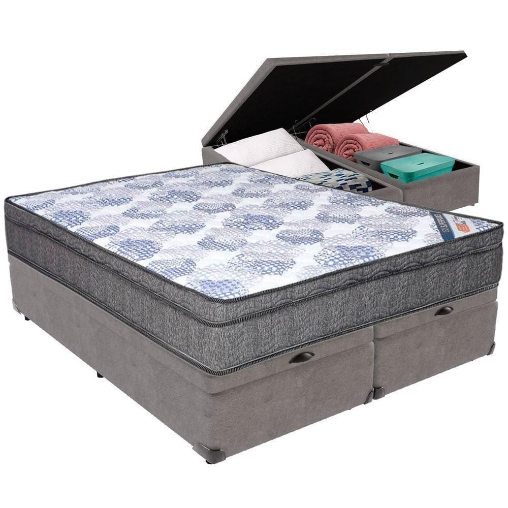 Cama Box Baú Cinza E Colchão Iso Molas Ensacadas Molas Ensacadas Queen Ortobom
