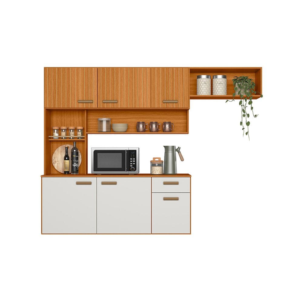 Cozinha Suspensa Com Balcão 180cm Manu Freijo Uv Off Acetinado Ripado Frisado - SSX Multicoisas