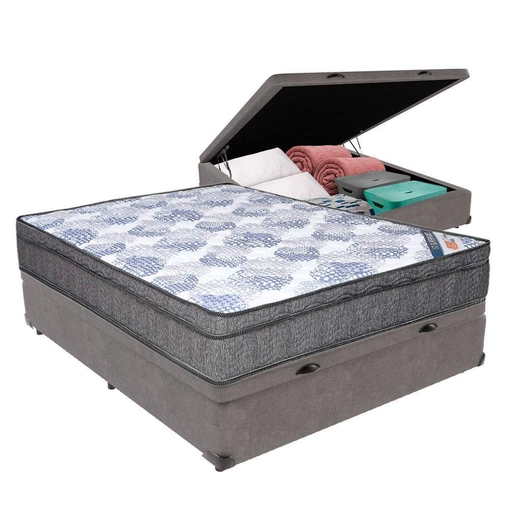 Cama Box Casal Baú Bege Colchão Ortobom Molas Ensacadas Pillow Cinza