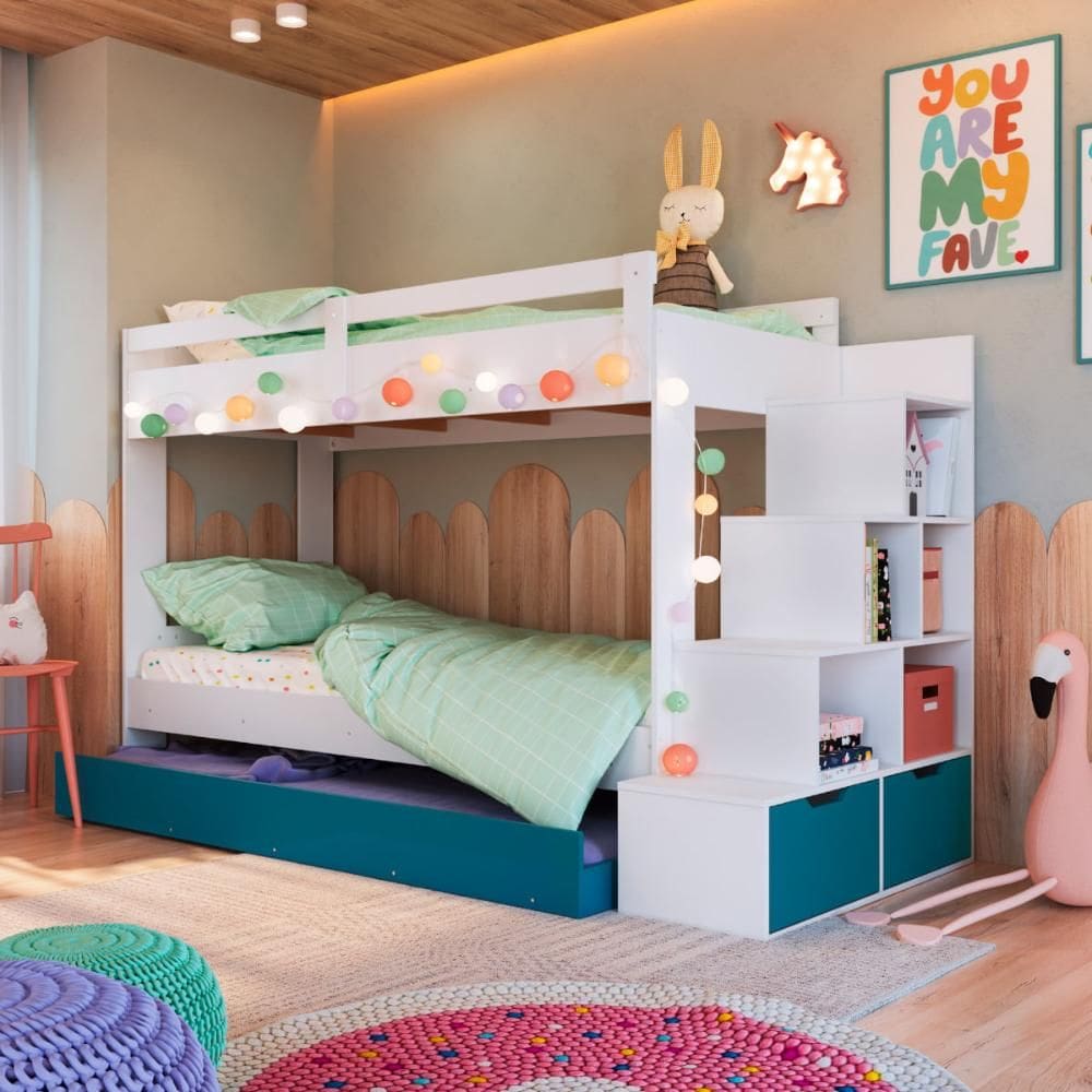 Treliche Infantil Branco e Azul Escada Lateral Nichos Gavetas e Cama Auxiliar Completa Móveis