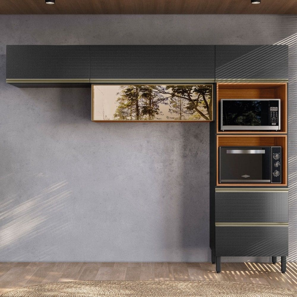 Cozinha Completa Proença 5 Portas 1 Gaveta com Vidro Nogueira/Carbono Prime Tx - Demobile
