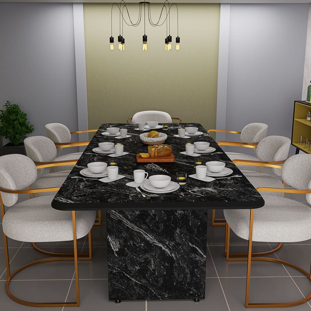 Mesa Retangular Sala De Jantar MDF 220x80 Estampa Mármore Branco Base Pérola Sofisticada