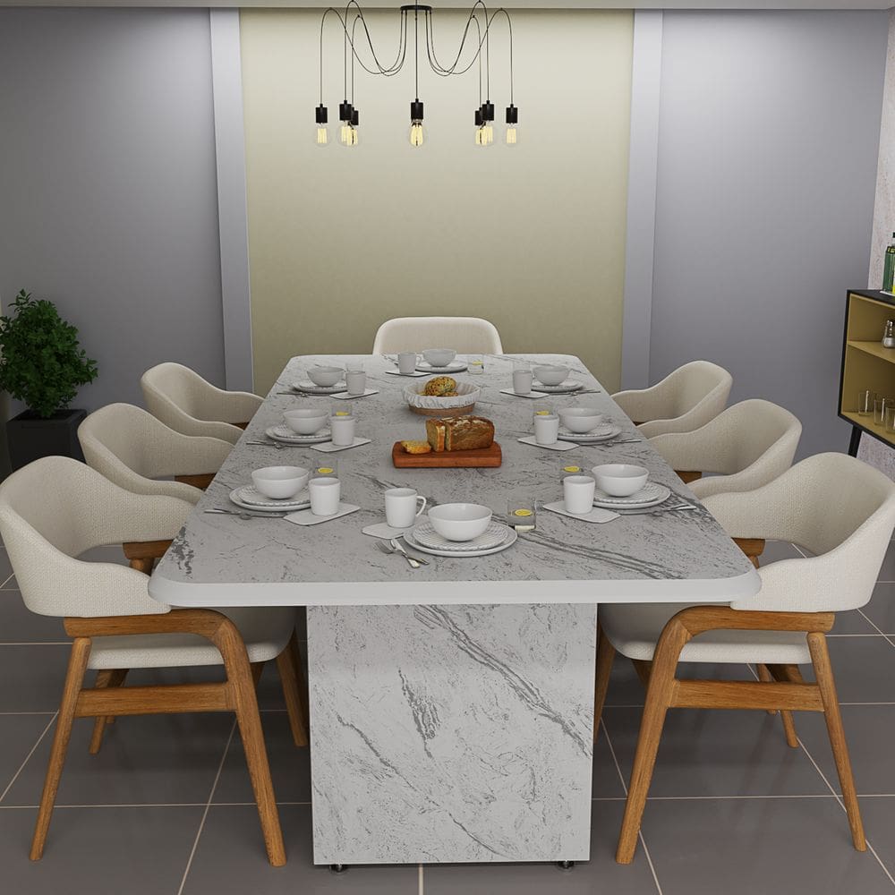 Mesa De Jantar Retangular MDF 220x80 Estampa Mármore Branco Base Pérola Sofisticada