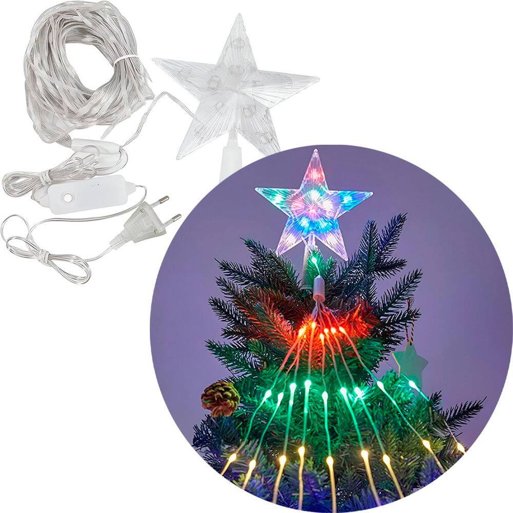 Ponteira Estrela Luzes LEDs Colorido Enfeite Natal Bivolt 1m