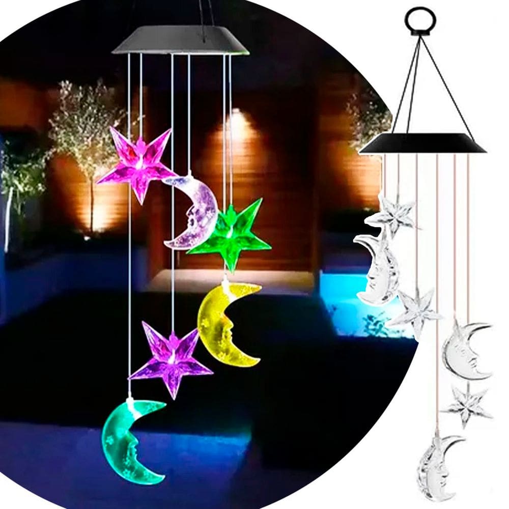 Pisca Solar Giratório Estrelas Luas De Natal LEDs Colorido