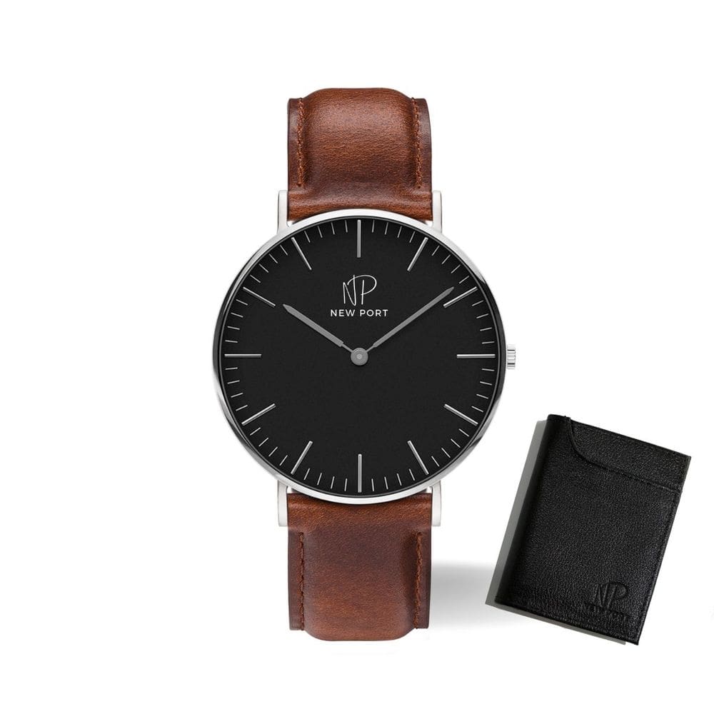 Relógio Masculino Casual Pulseira Marrom New Port + Carteira