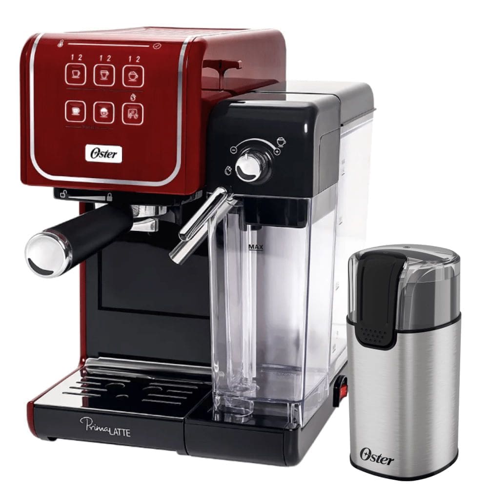 Kit Cafeteira PrimaLatte Touch Red e Moedor de Café Elétrico Oster