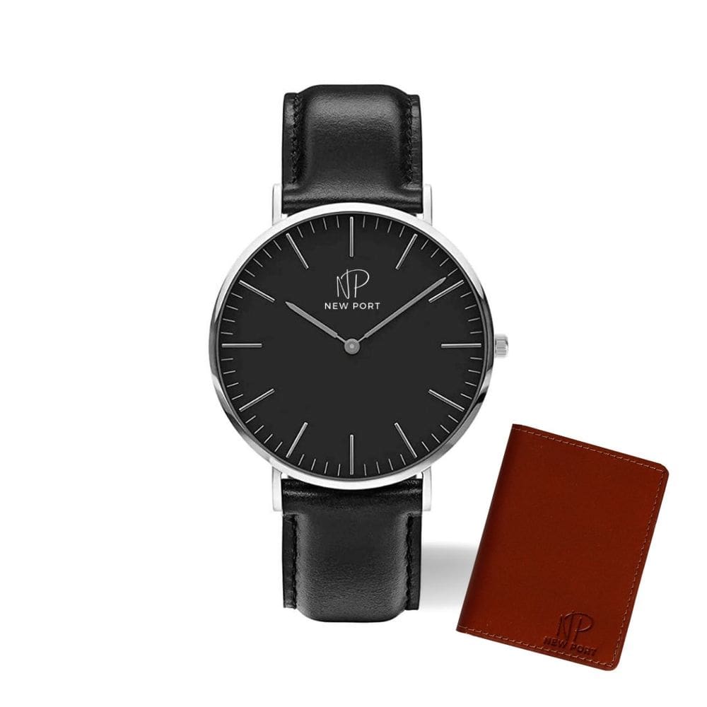 Relógio Masculino Couro Preto Luxo New Port 40mm + Carteira
