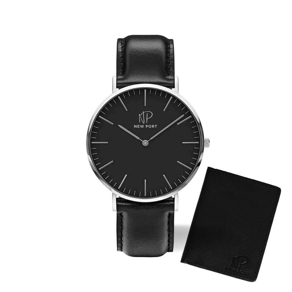 Relógio Masculino Analógico Preto Luxo New Port + Carteira