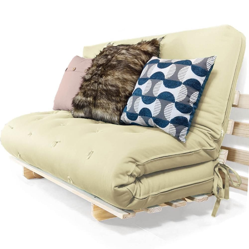 Sofa Cama Casal Futon Oriental Bege Com Madeira Maciça