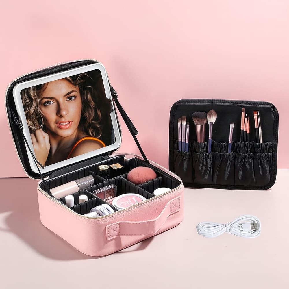 Maleta Estojo Maquiagem C/ Espelho e Luz LED Portátil Rosa