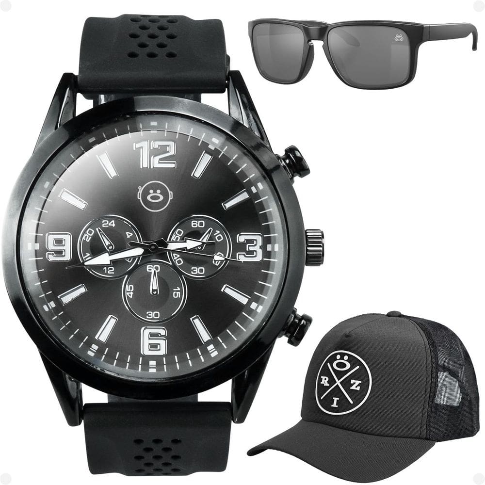 Relogio masculino silicone + oculos sol proteção uv + boné preto social analógico barato