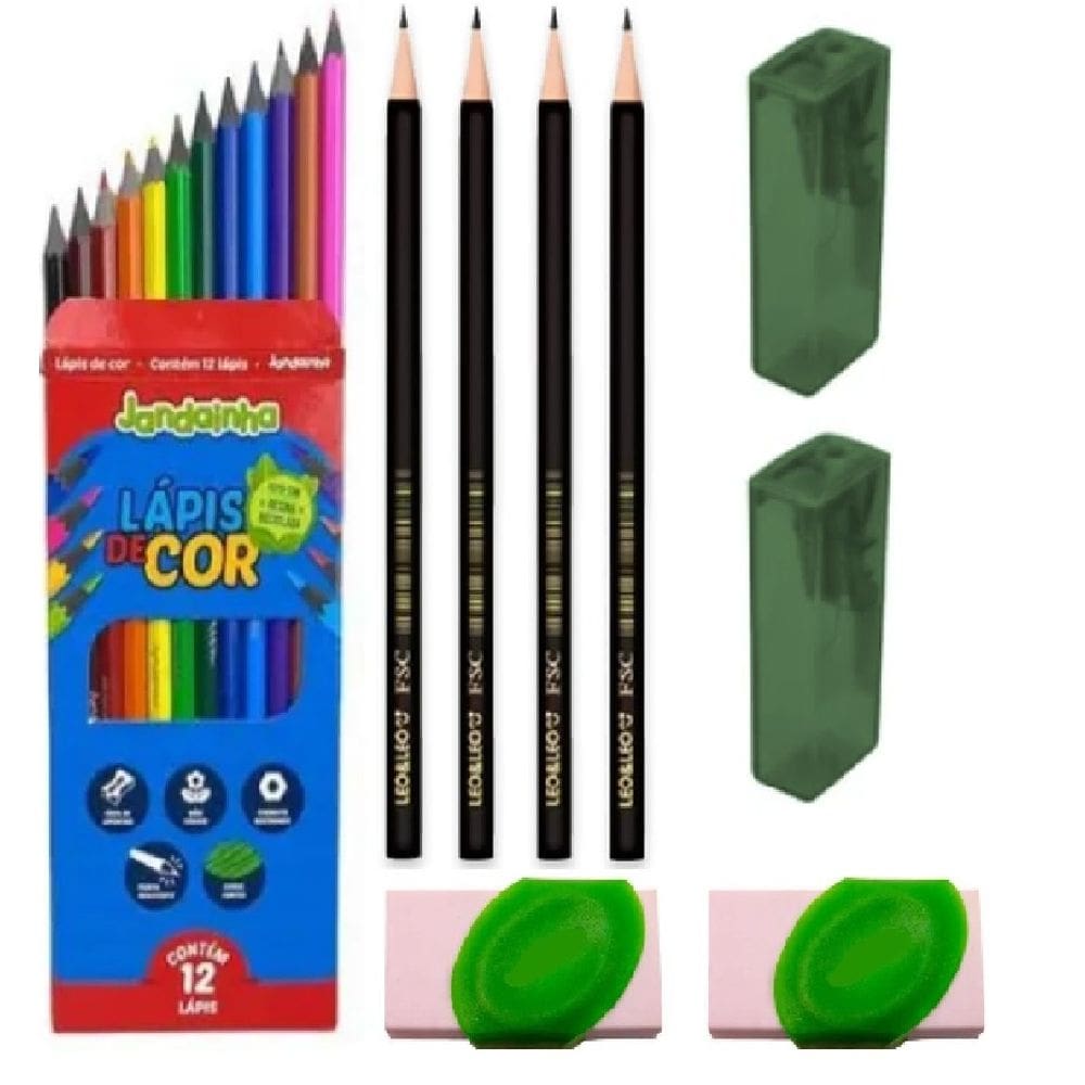 Kit Escolar New1 Lápis Cor,Lápis Preto,Borracha e Apontador