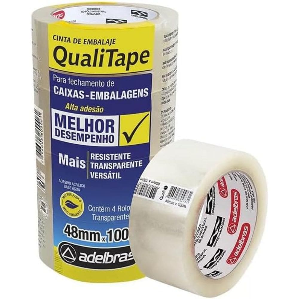 Fita Para Empacotamento, Adelbras, Qualitape, 48Mmx100M, Transparente, Pacote Com 4 Unidades