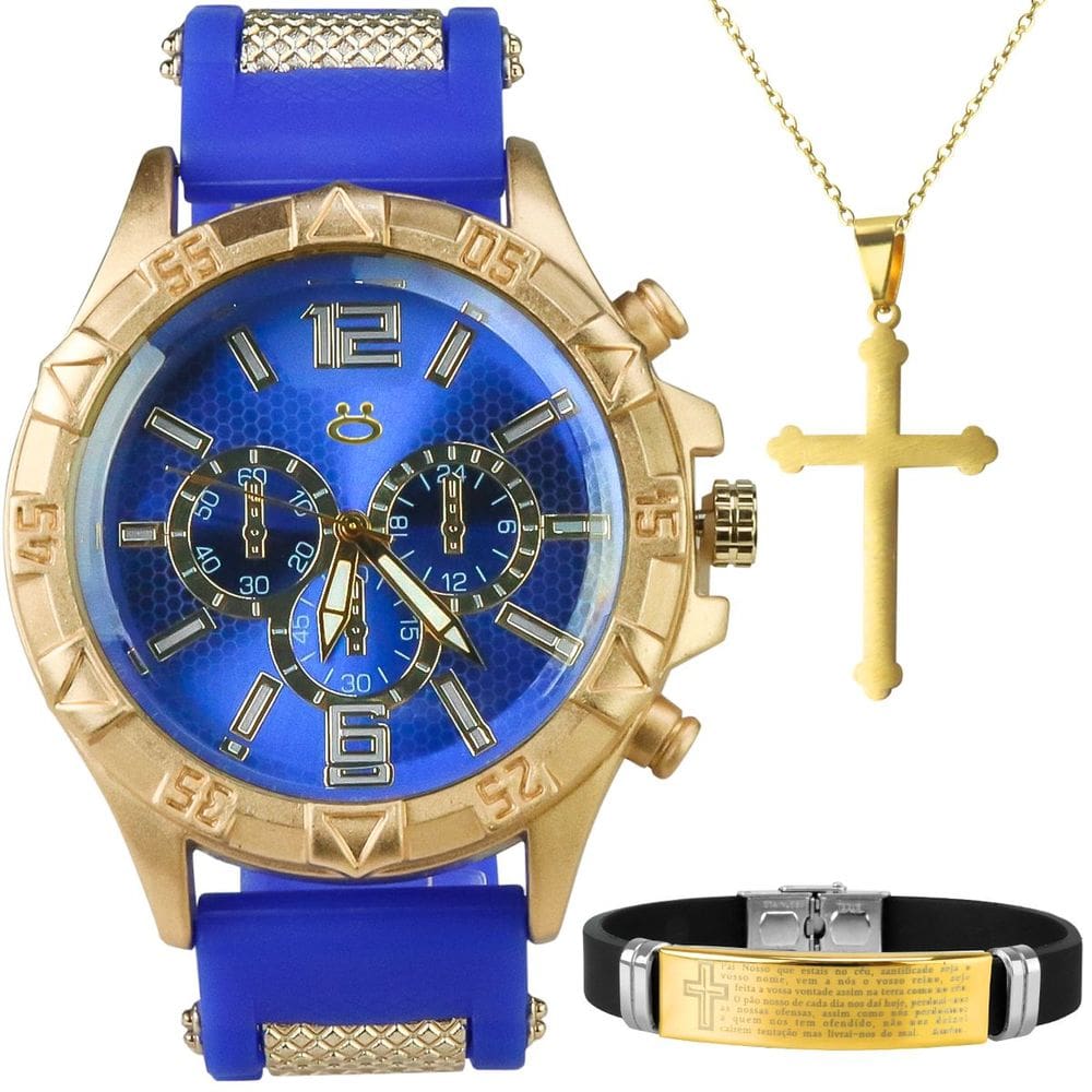 Relógio Masculino Azul Dourado Aço Pesado + Colar Crucifixo Religioso Oração Pai Nosso Presente