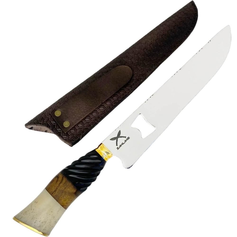 Faca Artesanal 10` Churrasco Abridor Garrafas Cabo Misto Inox 420c Madeira Osso Resina