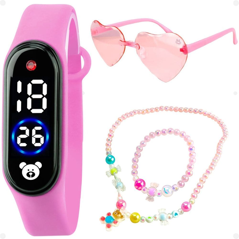 Relógio Digital Infantil Led Menina Rosa Ursinho Silicone Prova D`Água + Óculos Coração + Colar Miçanga Barato
