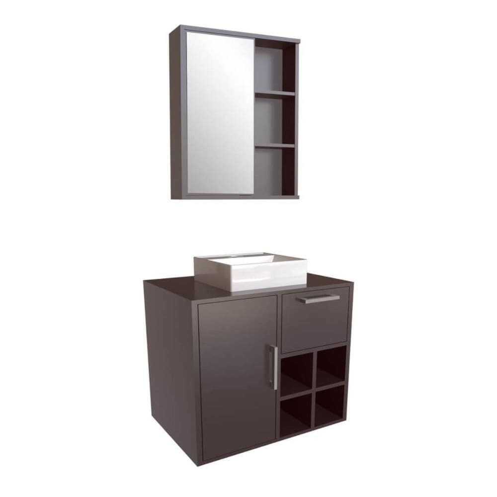 Gabinete Suspenso 68cm Eduarda Grafite Cuba Branca 1 Balcão 1 Porta 1 Gaveta E Espelheira De Banheiro