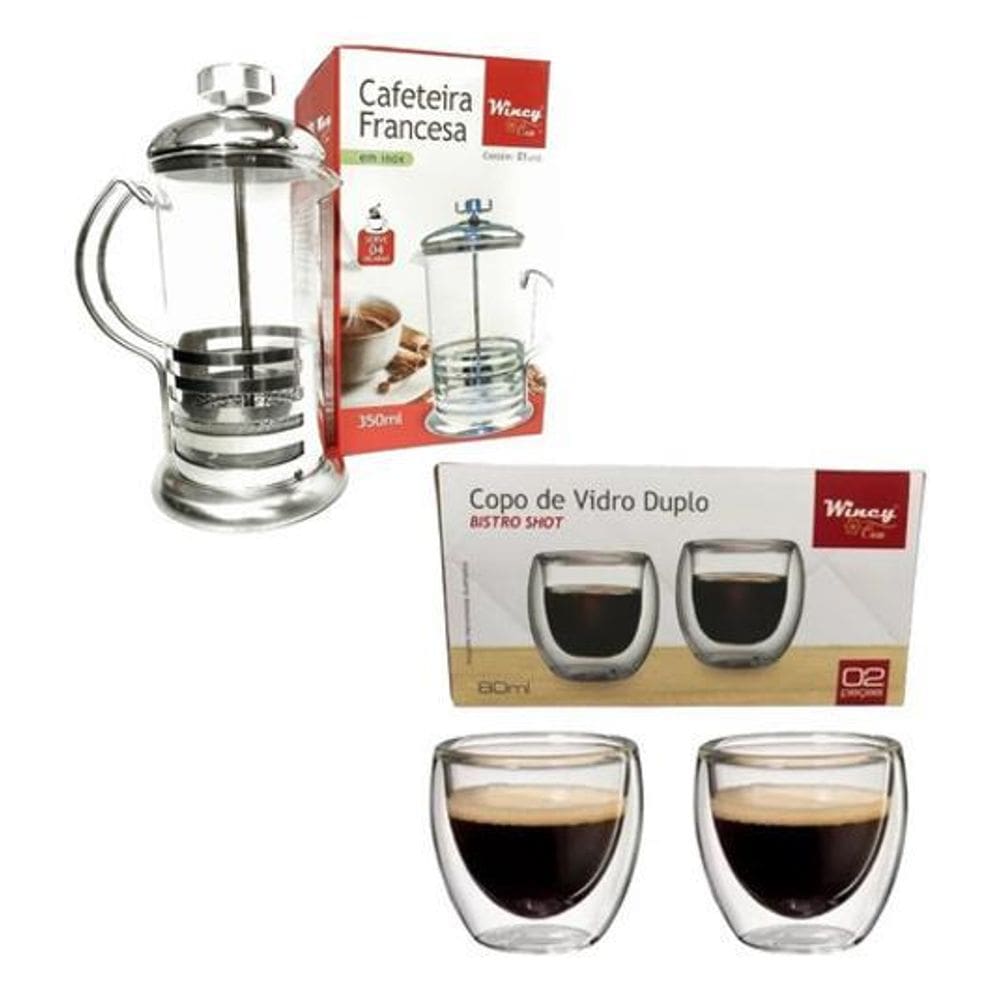 Cafeteira Francesa + 2 Copos Vidro Duplo Shot 350ml