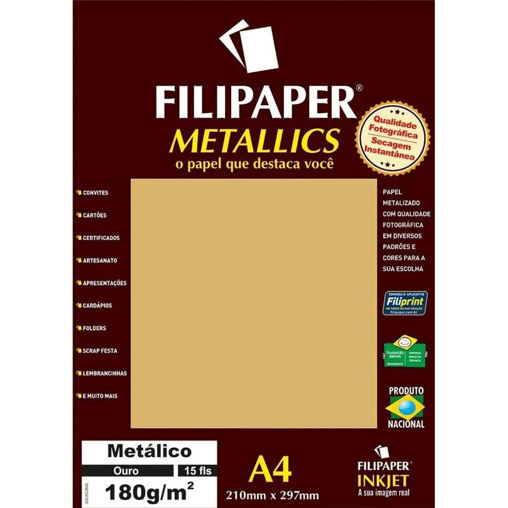 Papel Ouro Metálico A4 210X297Mm 180G/M² Filipaper 15 Folhas