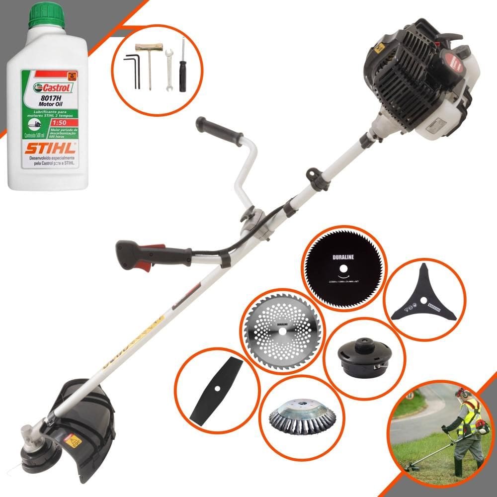 Aparador de Grama Profissional À Gasolina Kawashima KW52LE 52cc 2,5HP 10.000rpm Roçadeira Multifuncional Lateral Com 6 Opões de Cortes + ÓLEO STIHL 2T