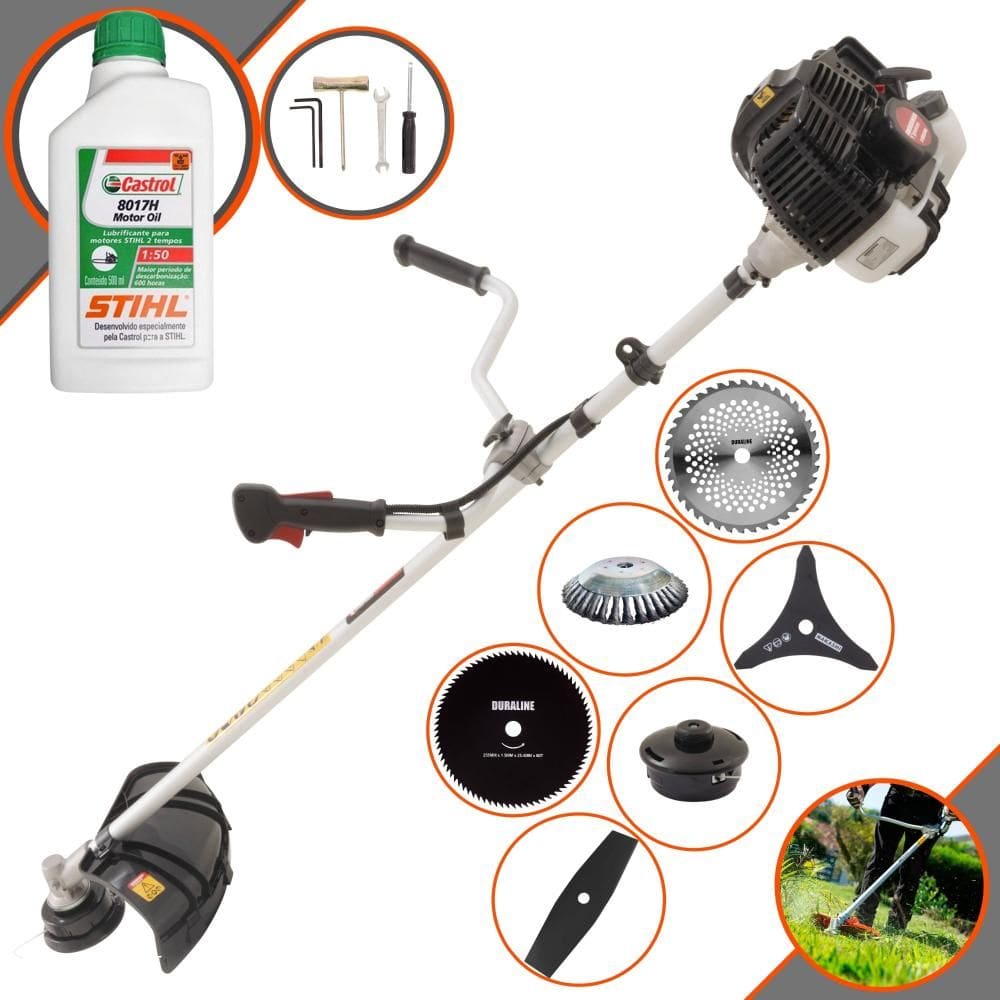 Roçadeira Aparador de Grama À Gasolina Kawashima KW52-LE 52cc 2,5HP 10.000rpm Completo Com Kit 4 Lâminas + Carretel + Escova de Aço + ÓLEO STIHL 2T