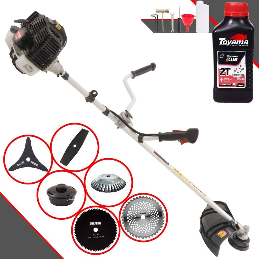 Roçadeira À Gasolina Kawashima KW52LE 52cc Com Carretel, Faca 2 Pontas, Faca 3 Pontas, Faca 40 Dentes, Faca 80 Dentes + Escova de Aço + ÓLEO TOYAMA