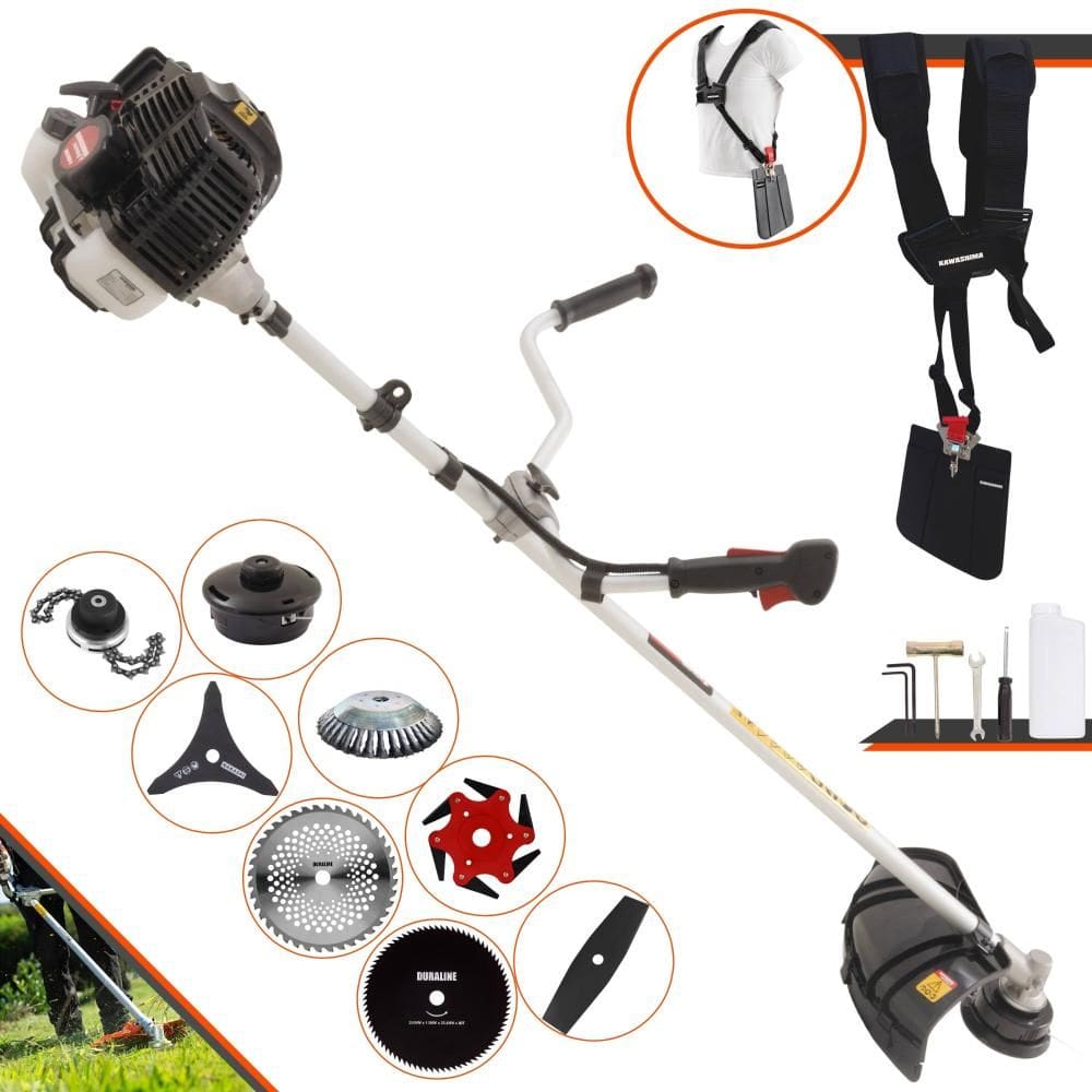 Roçadeira Profissional Kawashima KW52LE 52cc 2T 2,5HP Com Carretel + Facas 2 Pontas, 3 Pontas, 6 Pontas, 40 Dentes, 80 Dentes, Trimmer e Escova de Aço
