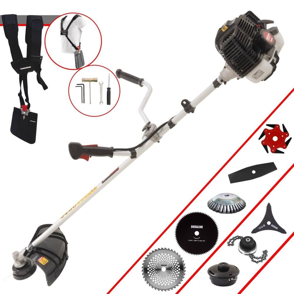 Aparador de Grama Kawashima KW52LE 52cc 2,5HP Com Carretel + Facas 2 Pontas, 3 Pontas, 6 Pontas, 40 Dentes Vídea, 80 Dentes, Trimmer e Escova de Aço