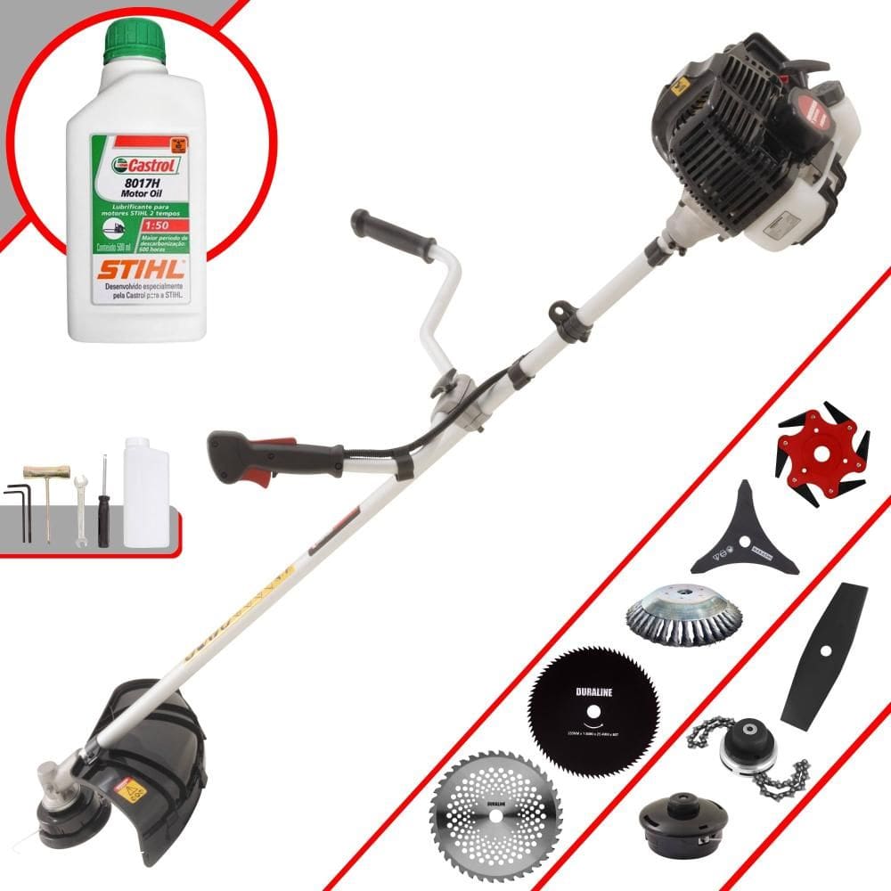 Roçadeira Kawashima KW52LE 52cc Com Carretel + Facas 2 Pontas, 3 Pontas, 6 Pontas, 40 Dentes Vídea, 80 Dentes, Trimmer, Escova de Aço + ÓLEO STIHL 2T