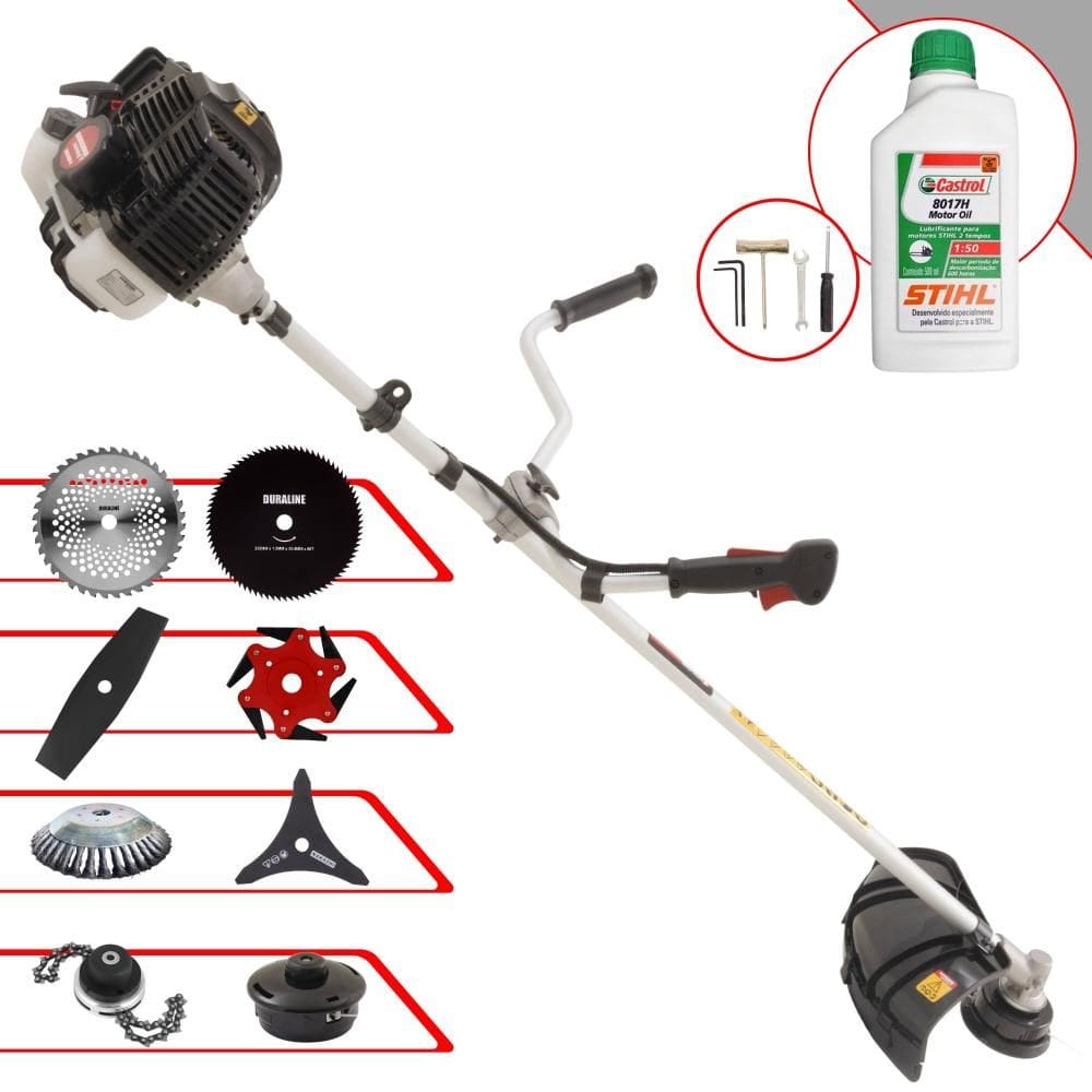 Roçadeira Profissional Kawashima KW52LE À Gasolina 2T 52cc 2,5HP de Potência Alta Rotação Com Carretel de Nylon + Kit 7 Opções de Cortes + ÓLEO STIHL