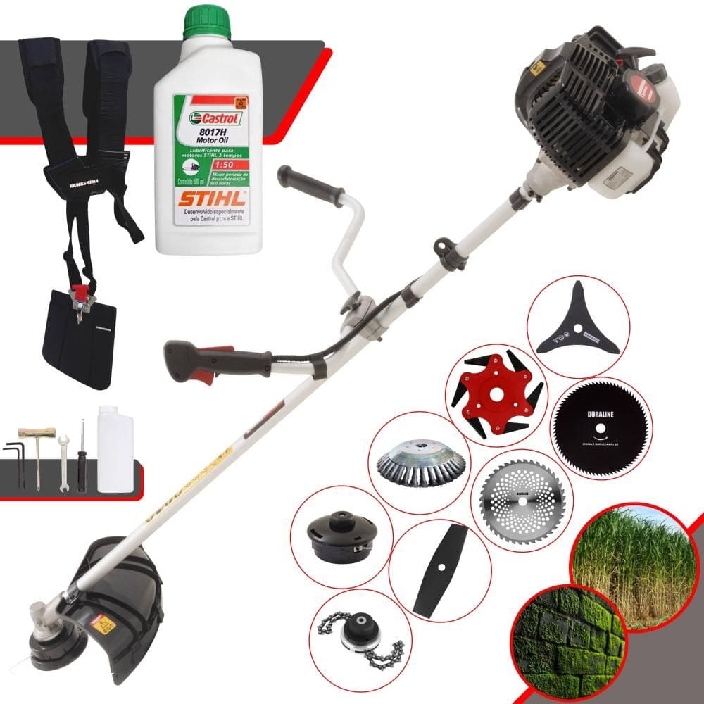 Máquina de Corta Grama Kawashima KW52LE À Gasolina 52cc 2,5HP 10000rpm Multifunções Completa Com Carretel de Nylon + 7 Opções de Corte + ÓLEO STIHL 2T