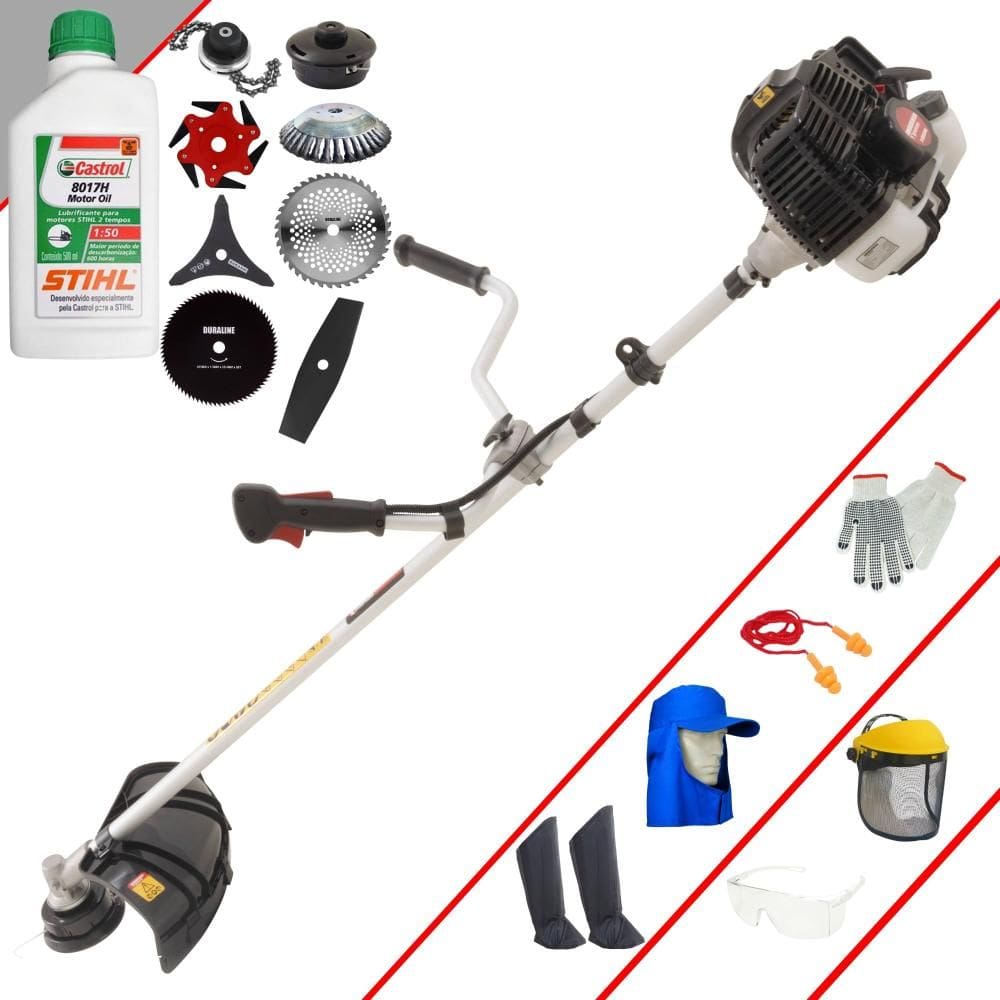 Roçadeira Kawashima KW52LE À Gasolina 2,5HP 52cc Ideal Para Todos os Tipos de Trabalho Com Carretel + Kit de 7 Opções de Cortes + EPI + ÓLEO STIHL 2T