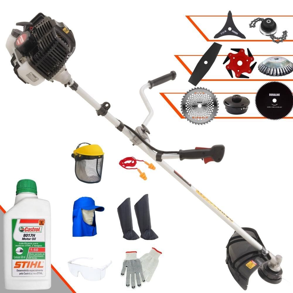Roçadeira Kawashima KW52LE 52cc Com Carretel + Facas 2 Pontas, 3 Pontas, 6 Pontas, 40 Dentes, 80 Dentes, Trimmer e Escova de Aço + EPI + ÓLEO STIHL