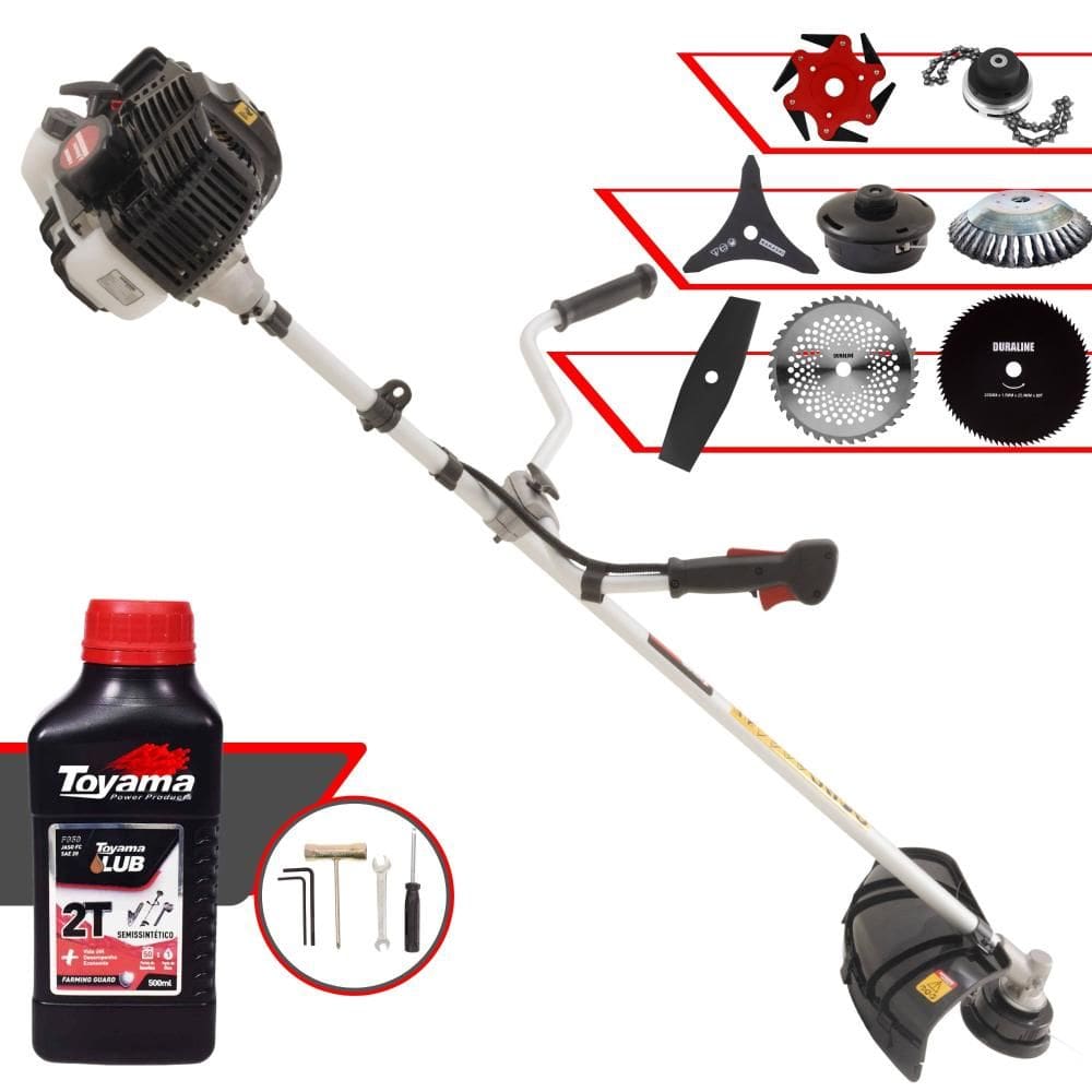 Roçadeira Kawashima KW52LE 52cc Com Carretel + Facas 2 Pontas, 3 Pontas, 6 Pontas, 40 Dentes Vídea, 80 Dentes, Trimmer e Escova de Aço + ÓLEO TOYAMA