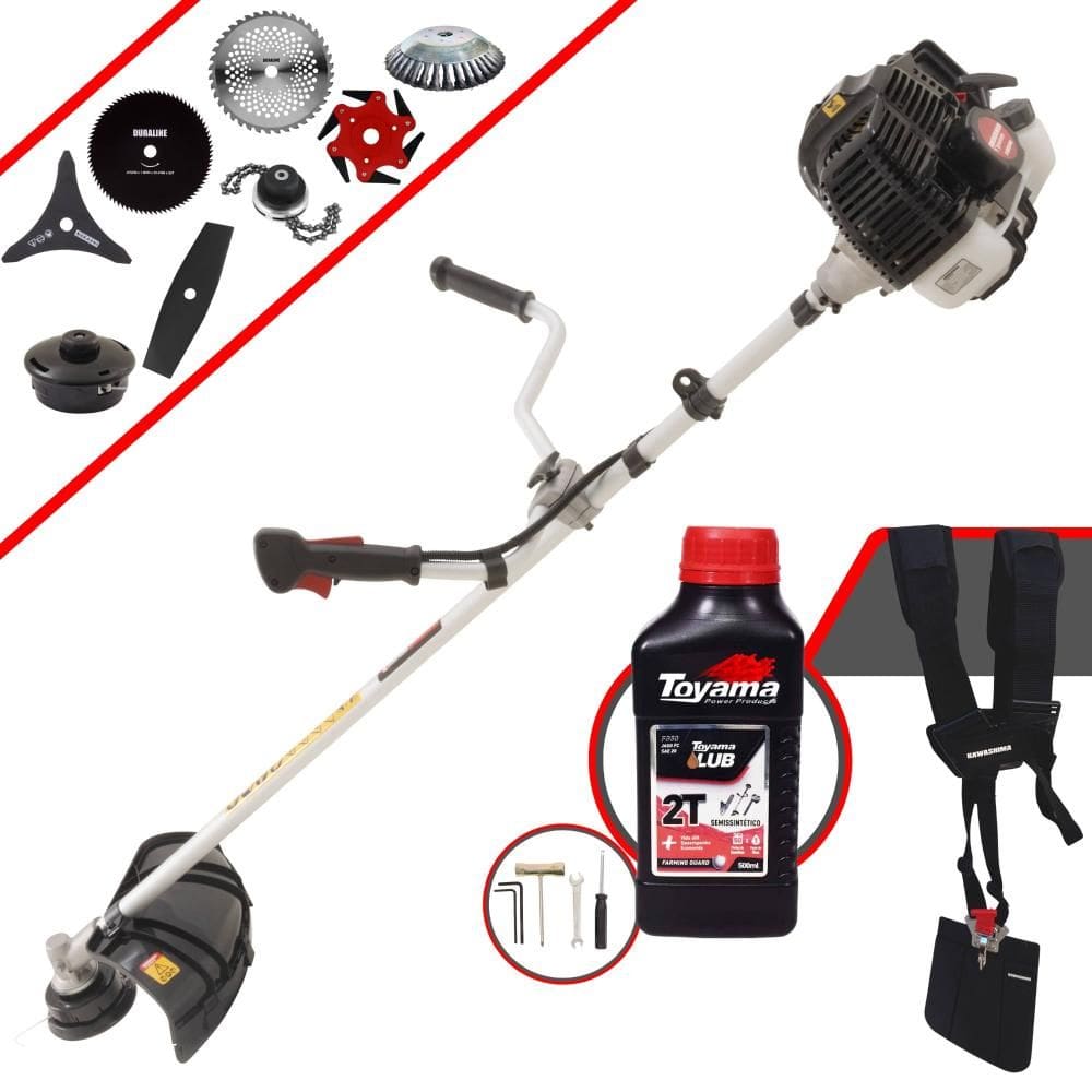 Roçadeira Robusta Kawashima KW52LE À Gasolina 2T 52cc 2,5HP 10.000rpm Multifunções Completa Com Carretel de Nylon + 7 Lâminas de Corte + ÓLEO TOYAMA