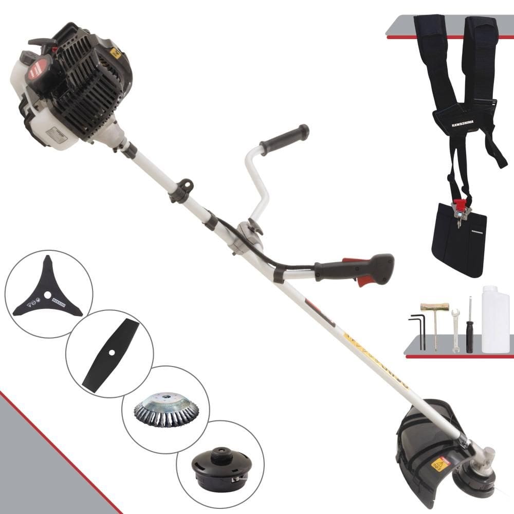 Roçadeira Multifunções Kawashima KW52LE À Gasolina 52cc 2,5HP 4 Opções de Corte Com Lâmina Facão, Lâmina 3 Pontas, Escova de Aço e Carretel de Nylon
