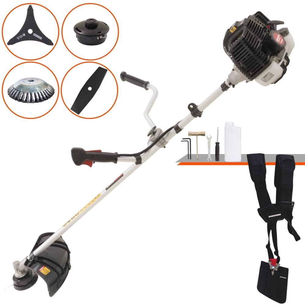 Podador de Grama Completo Kawashima KW52LE À Gasolina 2T 52cc 2,5HP 4 Opções de Corte Com Faca 2 Pontas, Faca 3 Pontas, Escova de Aço e Carretel