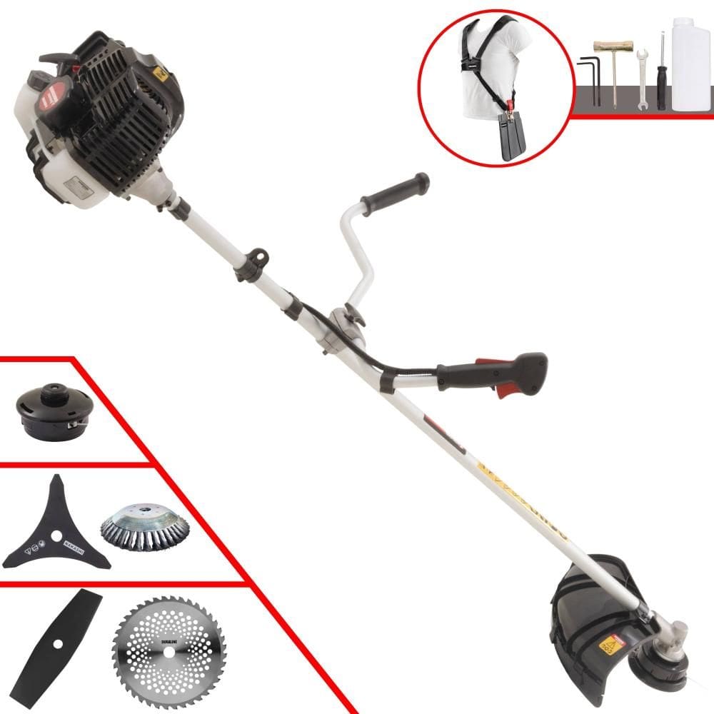 Roçadeira Kawashima KW52LE À Gasolina 2T 52cc 2,5HP Com Carretel de Nylon + Faca 2 Pontas + Faca 3 Pontas + Faca 40 Dentes + Escova de Aço Giratória