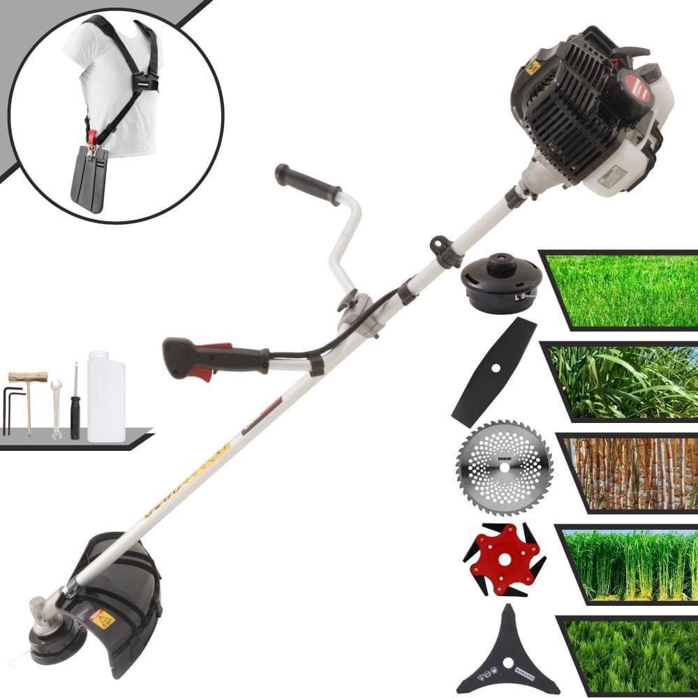 Roçadeira Completa Kawashima KW52LE À Gasolina 52cc Cortador de Grama Para Todos os Tipos de Trabalho Com Carretel Nylon + Kit de 4 Lâminas de Cortes