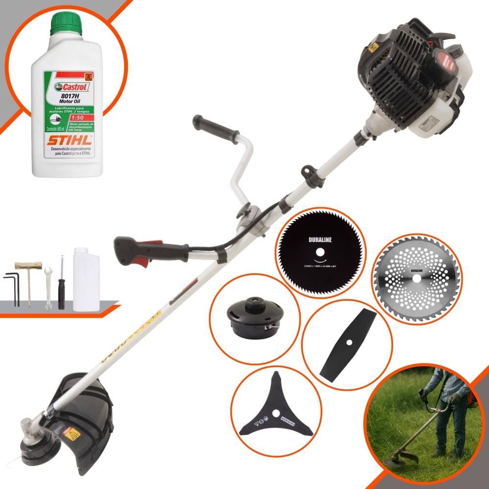 Roçadeira Robusta Kawashima KW52LE À Gasolina 2,5HP 52cc Com Carretel, Faca 2 Pontas, Faca 3 Pontas, Faca 40 Dentes, Faca 80 Dentes + ÓLEO STIHL 2T