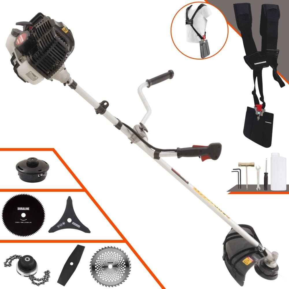 Roçadeira À Gasolina Kawashima KW52LE 52cc 2,5HP Com Carretel + Faca 2 Pontas + Faca 3 Pontas + Faca 40 Dentes de Vídea + Faca 80 Dentes + Trimmer